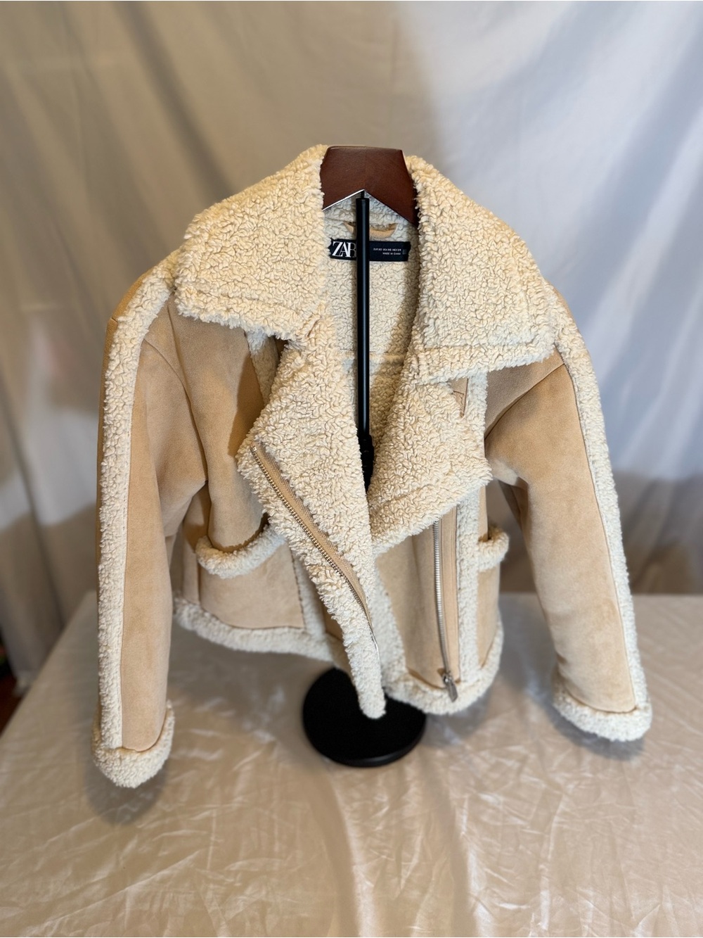 Zara Tan and Cream Faux Shearling Bomber Jacket with Asymmetric Zip Size XS (OC)